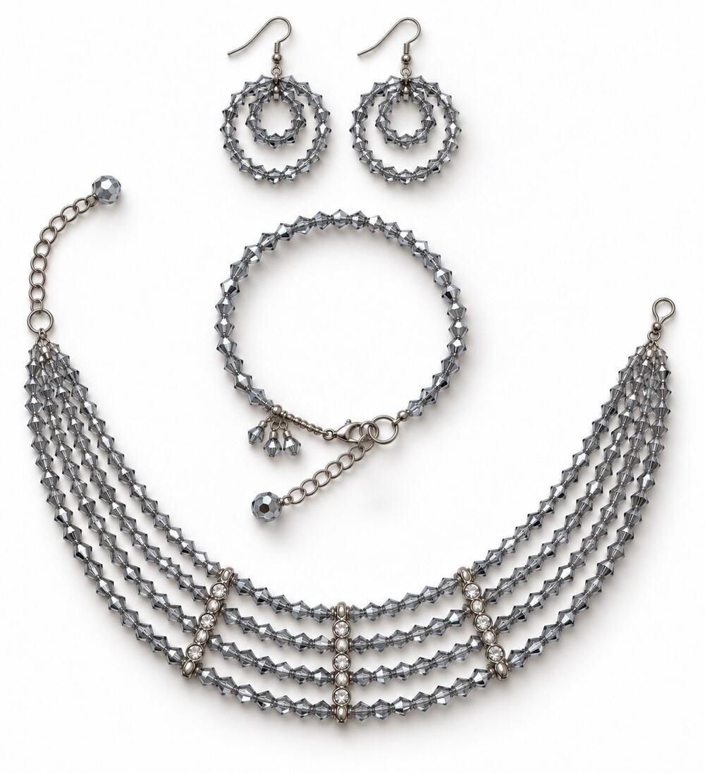 Silver Swarovski Beaded Necklace, Bracelet, Earring Set